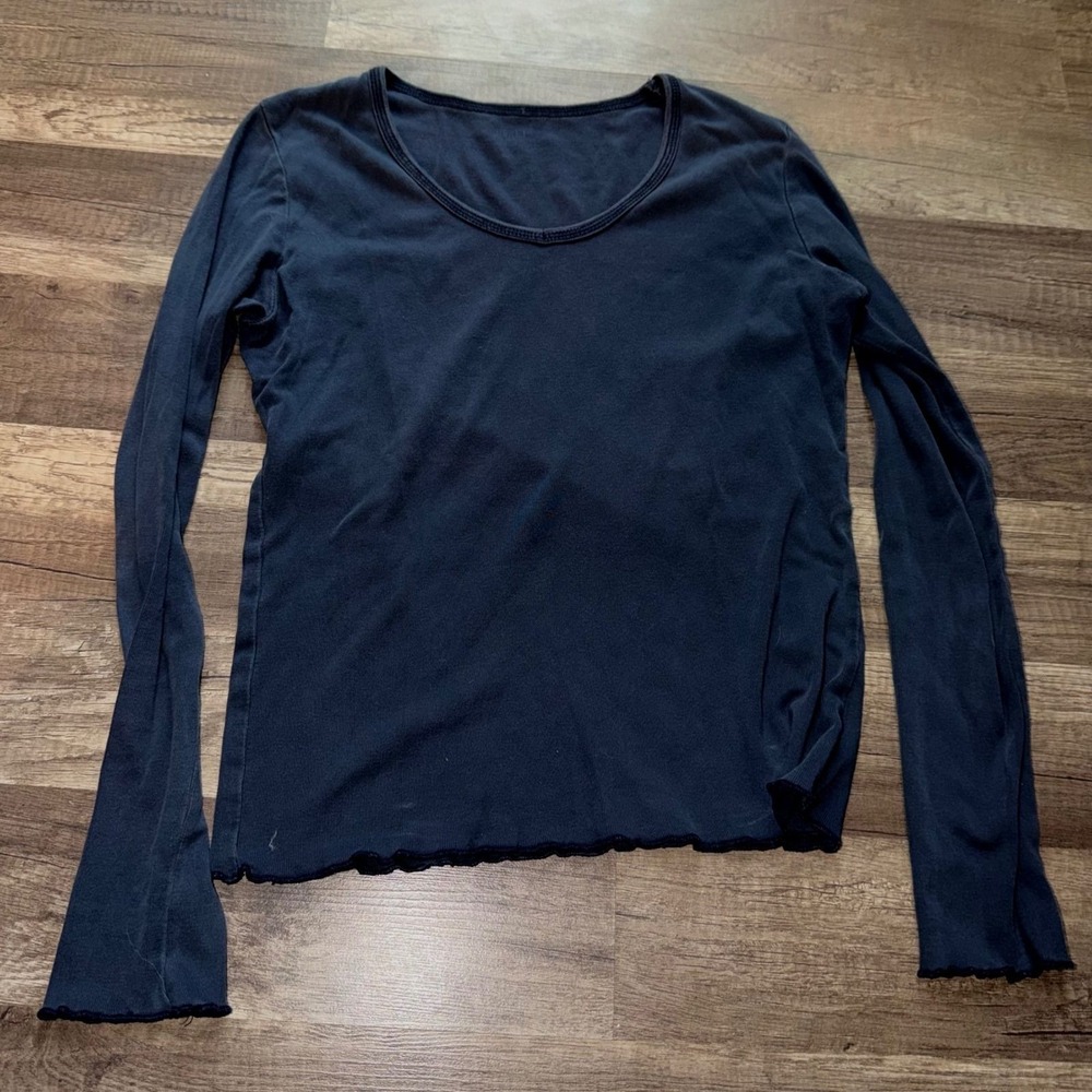 Brandy Navy Blue Ribbed Long Sleeve Scoop Neck Lettuce Edge Trim Top